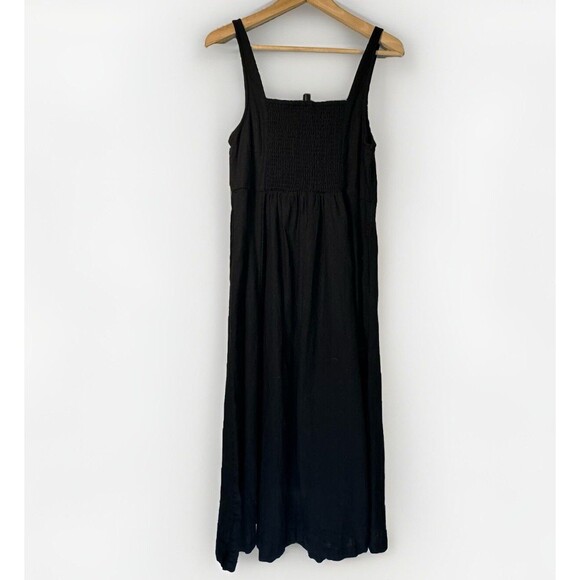 Old Navy Dress M Black Linen Sleeveless Midi Smocked Pockets Cottagecore Prairie - Picture 1 of 9